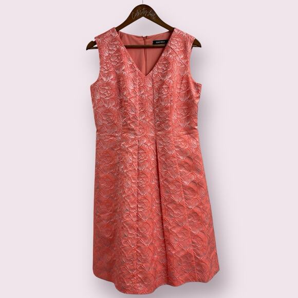 Ellen Tracy Coral Floral Jacquard Dress Size 10 Metallic - Picture 1 of 8